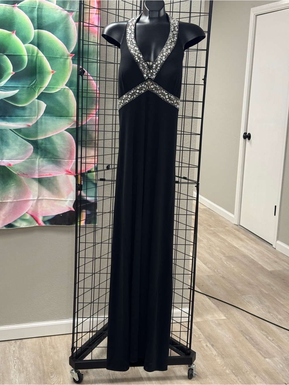 Dress Barn Black Evening Gown with Silver rhinestone Trim size 12 Pit 19, L 62